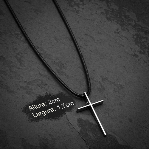 Kit Cordão Pingente Cruz Prata J-1498 Combo Bracelete Couro Cor Cordão Café