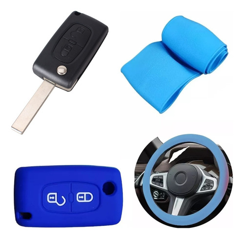 Cubre Volante + Llave Silicona 2 Botones Navaja Peugeot Azul