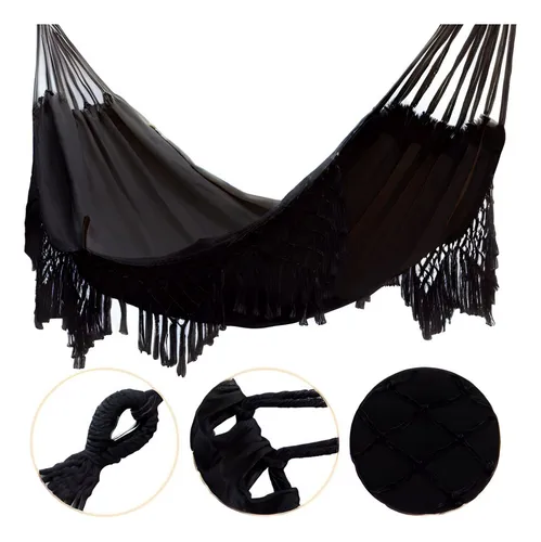 Hamaca Paraguaya Silla Colgante reforzada Jardín Con Flecos Bolso Y Soga IMBACK Color Negro