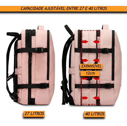 Mochila Executiva Para Viagem Expansível Entre 27-40 Litros Cor Rosa