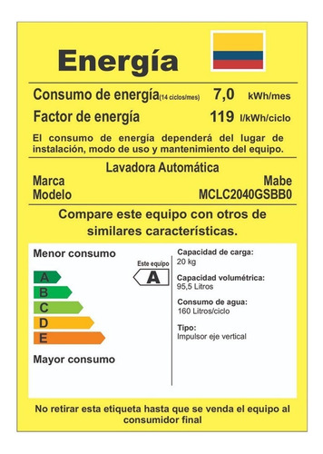 Centro De Lavado Mabe Secadora Gas 20kg Blanco Mclc2040gsbb0