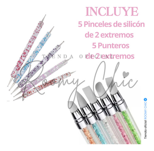 Kit De 5 Pinceles Silicon 5 Punteros Para Arte De Las Uñas