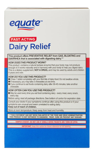 Equate Enzima Masticable De Lactasa Dairy Relief 120 Tableta