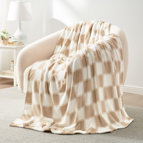 Cozy Bliss Manta A Cuadros Beige, Manta De Lana Milkyplush 