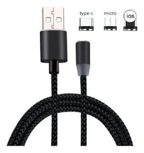 Cable Magnetico 3 En 1 Micro Usb Tipo C Lightning Para Ipho Color Negro Negro