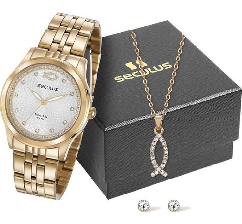 Presente Mulher Cristã Kit Relógio Seculus Colar E Brinco