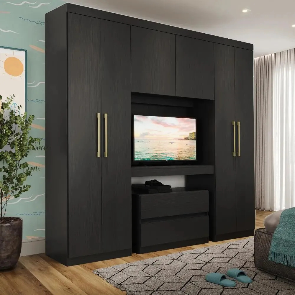 Guarda Roupa Infantil 6 Portas Porto Preto Com Painel De Tv Preto
