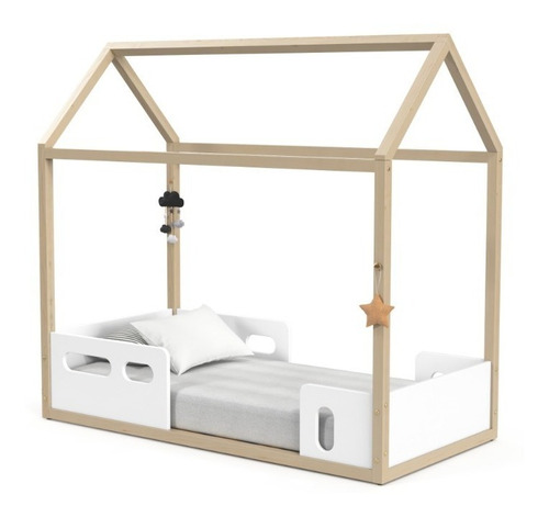 Cama Montessori Casita Madera Natural Y Laqueado Blanco