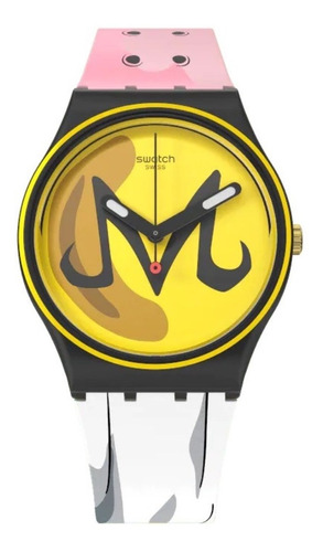 Reloj Swatch X Dragon Ball Z Gz358 Majin Buu /jordy Color de la correa ROSA-BLANCO Color del bisel Negro Color del fondo Amarillo