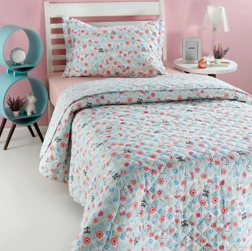 Imagem 1 de 3 de Kit Colcha Matelassê Hello Kitty Cute Solteiro Azul Artex