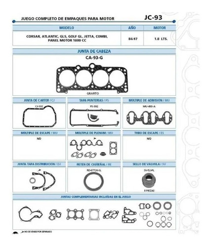 Juego De Empaque Vw Jetta Basico 1.8l 89-91 