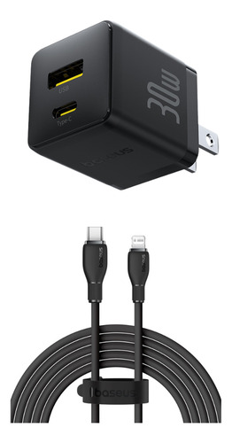 Baseus Cable Tipo C-ip 1.2 Metros 20w Cargador Para iPhone + Cubo De Carga 2 Puertos Usb A Y Tipo C Color Negro Carga Rápida Cable Material Flexible Y Resistente 50% De Pila En 30min