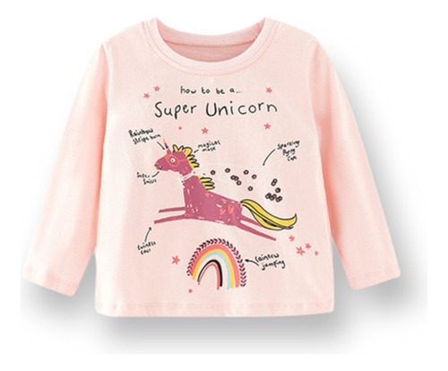 Polera Niña Algodón Manga Larga Super Unicornio Exclusiva