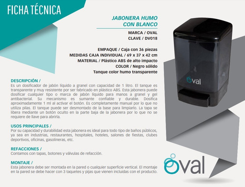 Jabonera Rellenable 1 Lt Oval Color Humo Con Negro
