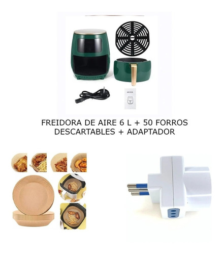 Kit Freidora De Aire 6l + 50 Forros Descartables + Adaptador