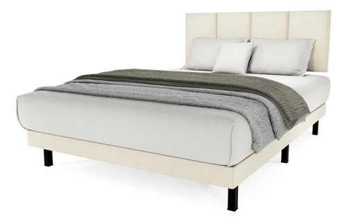 Cama Recamara Base Box Madera Tapiz Napole Matrimonial Beige Urbano