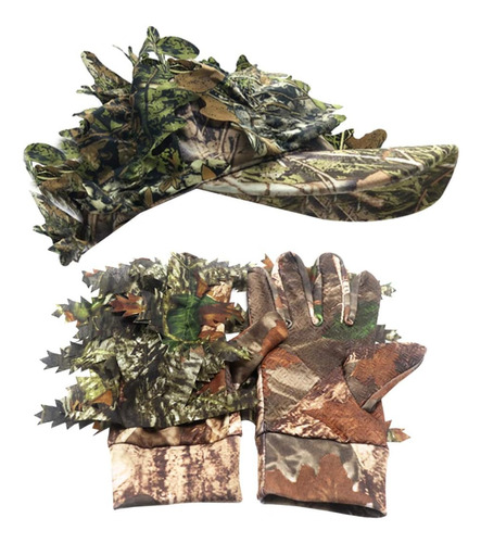 3d Ghillie Camouflage Leafy Cap And Camo Hunting Gloves For 