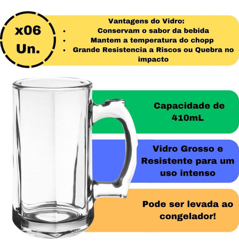 Jogo 6 Canecas Chopp Vidro Resistente Congelavel 410ml Stein