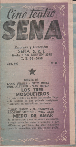 Antiguo Programa Cine ** Teatro Sena ** Año 1952 - Unico