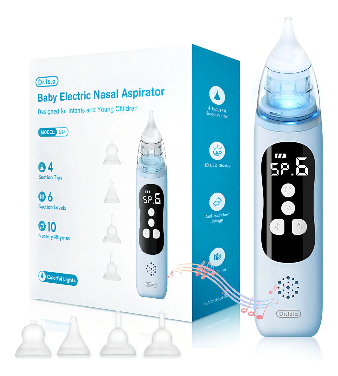 Aspirador Nasal Eléctrico Dr.Isla Bebe 0-24m 6 Niveles 4 Boquillas
