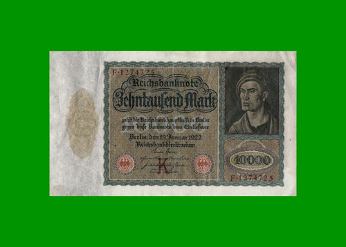 Billete Alemania 10.000 Marcos, Pick 70, Año 1922, Muy B+ .-