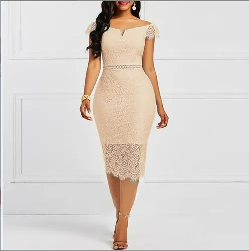 Vestido Feminino Slim Elegante Midi Com Recorte De Renda