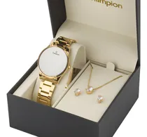 Comprar Kit Relogio Feminino Champion Dourado Espelhado Colar Brinco