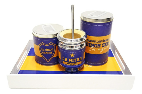Imagen 1 de 3 de Kit Bandeja Mate Yerbera Y Azucarera Azul Y Oro Futbol Gol