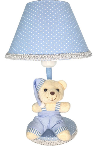 Abajur Infantil De Quarto Bebê Poa Azul Soneca Urso Claro