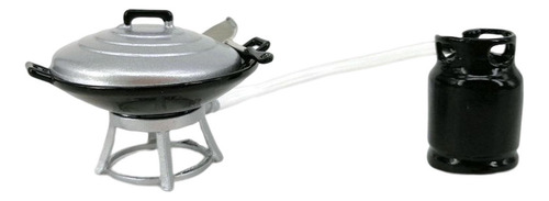 Estufa Negra Móvil Wok En Miniatura Con Tanque De Gas 1:12 .