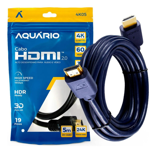 Cabo Hdmi 2.0 4k Blindado 5m Ponta Gold 60hz Aquário 4k05