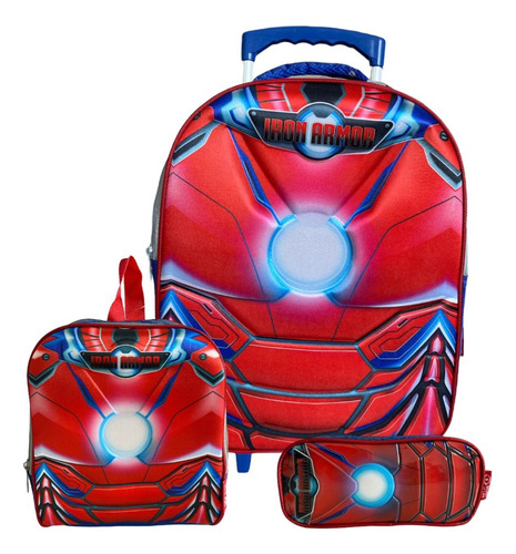 Kit Mochila Iron Armadura Ferro Infantil Rodinhas G Menino