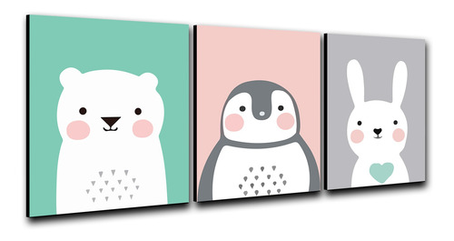 Imagen 2 de 3 de Triptico Cuadros Niños 40x30 Cms Set10 Oso Pingüino Conejo
