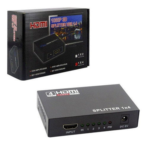 Splitter Hdmi Full Hd 1080, 4 Salidas, Con Transformador