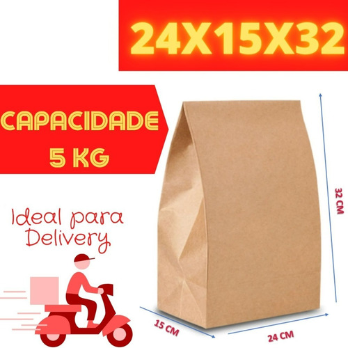 100 Saco Kraft Para Delivery G (24x15x32) - Sem Impressão