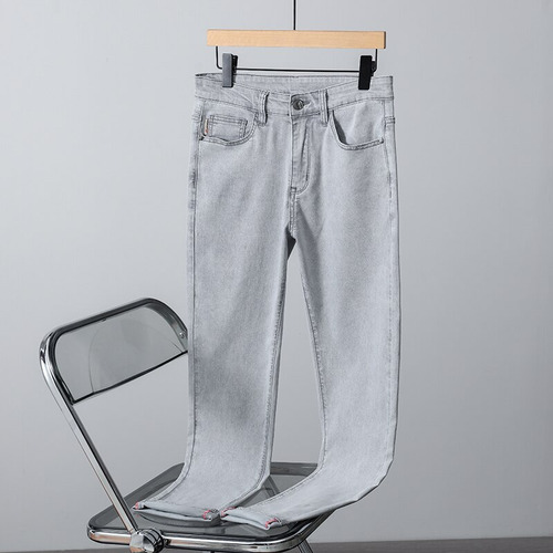 Jeans Delgados De Mezclilla Elástica Gris Claro Para Hombre