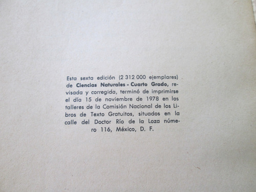 Ciencias Naturales Cuarto Grado, Año 1978 (pasta Dañada) (Usado)