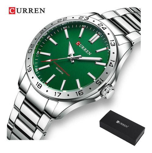 Relógios de quartzo luminoso Curren Business para homens, cor de fundo: verde, prata