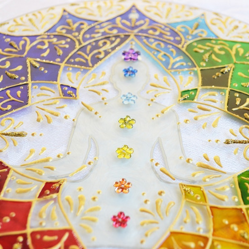 Mandala 7 Chakras Colorida Em Vidro Com 22cm, Pintura Vitral