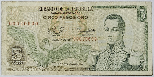 Billete 5 Pesos 01/ene/1981 Colombia Fine