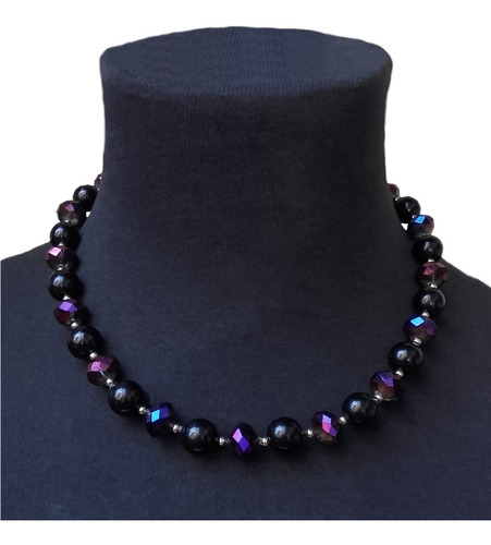 Csb1275 Collar Corto Piedra Onix Negro, Cristales Checos