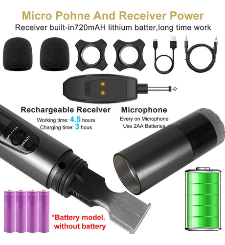 Micrófono Inalámbrico Dual Uhf Recargable Para Karaoke Negro