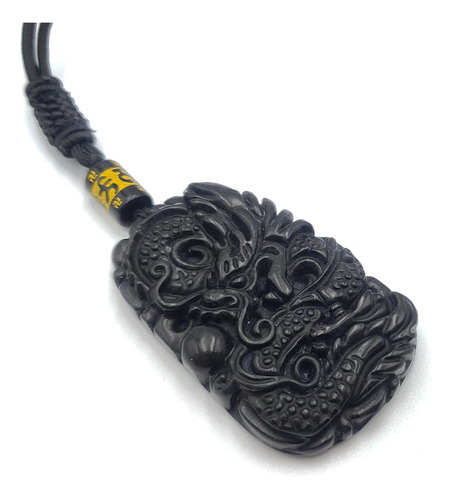 Collar Hilo Ajustable Dragón Tallado En Jade Verde Oscuro