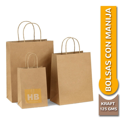 Imagen 2 de 7 de Bolsa De Papel Madera Con Manija 30x22x10 X50u -1era Calidad
