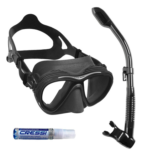 Máscara De Mergulho Cressi Quantum Preta E Snorkel Dry