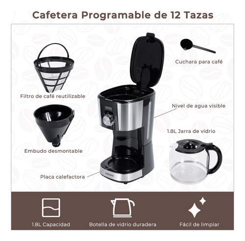 Sangkee Cafetera De Goteo 12 Tazas Programable 24h, Fácil De Usar Con Control De Perilla, Café Intenso Opción, Mantiene Caliente 2 Horas, Compacta Cafetera Filtro Permanente Y Jarra De Vidrio 1.8l