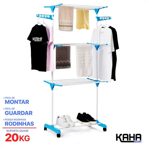 Kaha Varal De Chão Grande De Roupas 3 Andares Dobrável Aço  Seca Fácil Cor Branco Com Azul