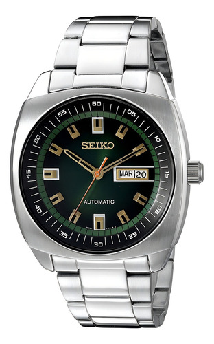Relógio automático Seiko Recraft Snkm97 Retro 44 mm, cor da pulseira: prata, bisel, cor de fundo prateada, cor de fundo: preto