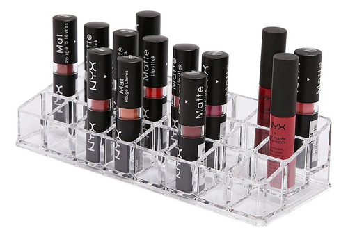 Suporte Organizador Em Acrílico Transparente Com 24 Compartimentos Para Batom Maquiagem Rímel Lip Gloss Bastão Matte