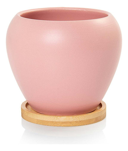 Vaso Cachepot Com Prato De Bambu Rosa Fosco Doha Pozzani